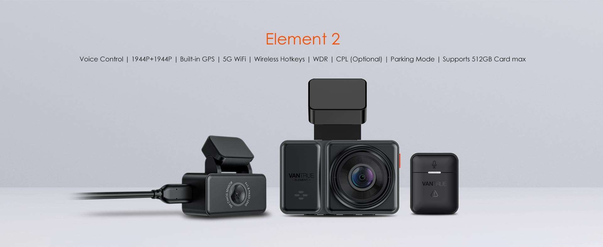 Vantrue Element 2 - E2 1944P doppia dash cam con controllo vocale | Wi-Fi | GPS
