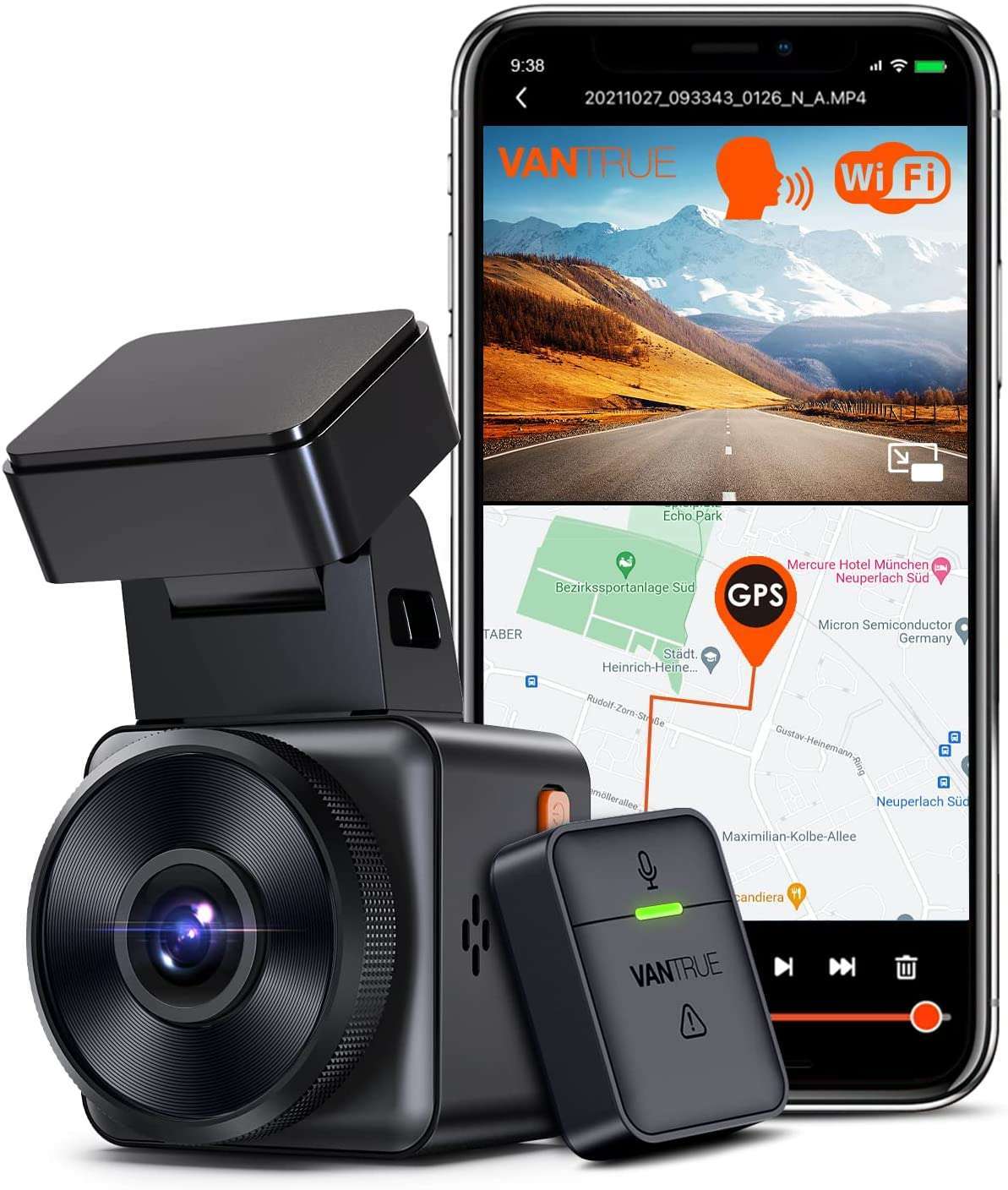 Vantrue Element 1 - E1 1944P Dashcam mit Sprachsteuerung | WIFI | GPS