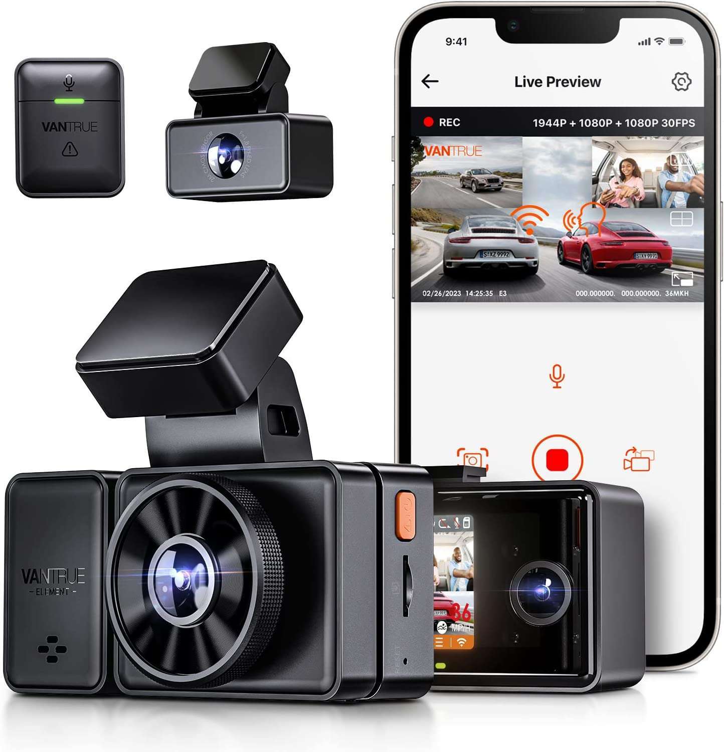 Vantrue Element 3 - E3 1944P doppia dash cam con controllo vocale | Wi-Fi | GPS