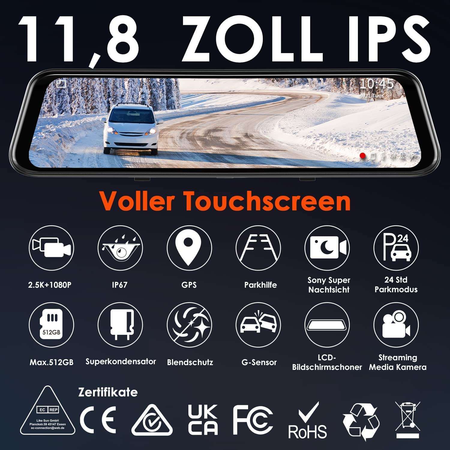 Vantrue Mirror 2 - M2 1440p Spiegel Dual Dashcam avec écran tactile | GPS
