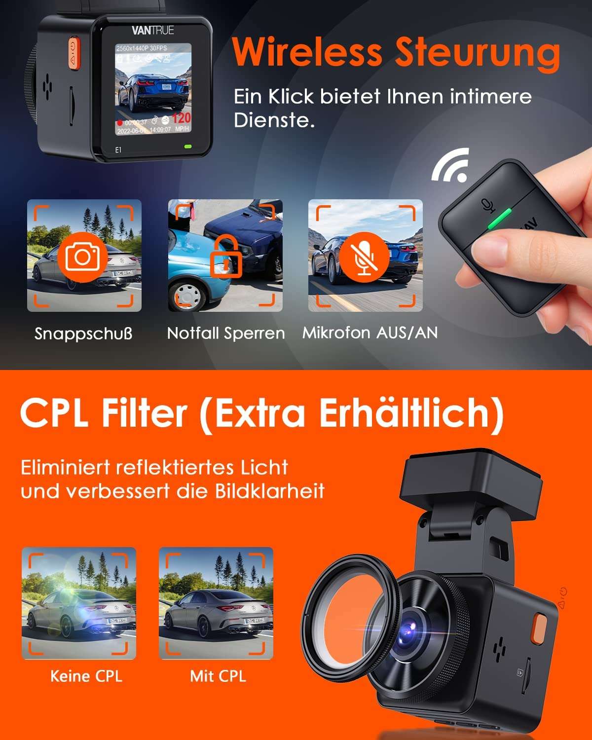 Vantrue Element 1 - E1 1944P Dashcam mit Sprachsteuerung | WIFI | GPS