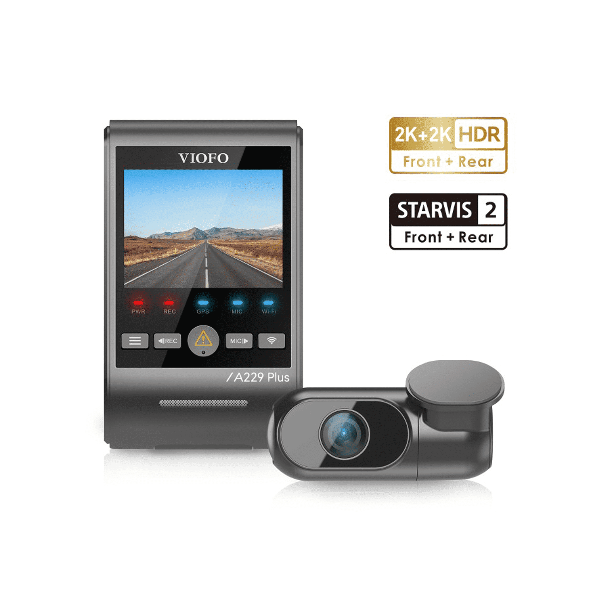 VIOFO A229 Plus Dashcam mit Bildschirm und Zusatzkamera, 2K + 2K HDR, STARVIS 2 Front- und Heckkamera.