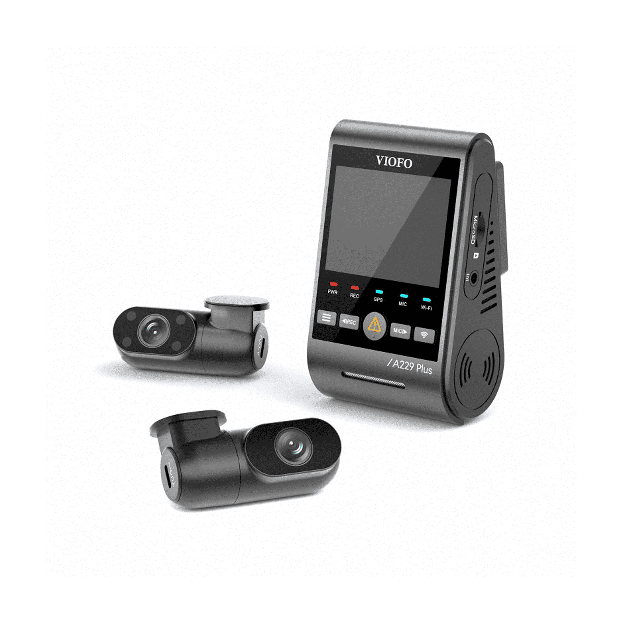 VIOFO A229 Plus 3Ch Dashcam mit Front- und zwei Zusatzkameras, LCD-Display und Bedienknöpfen.