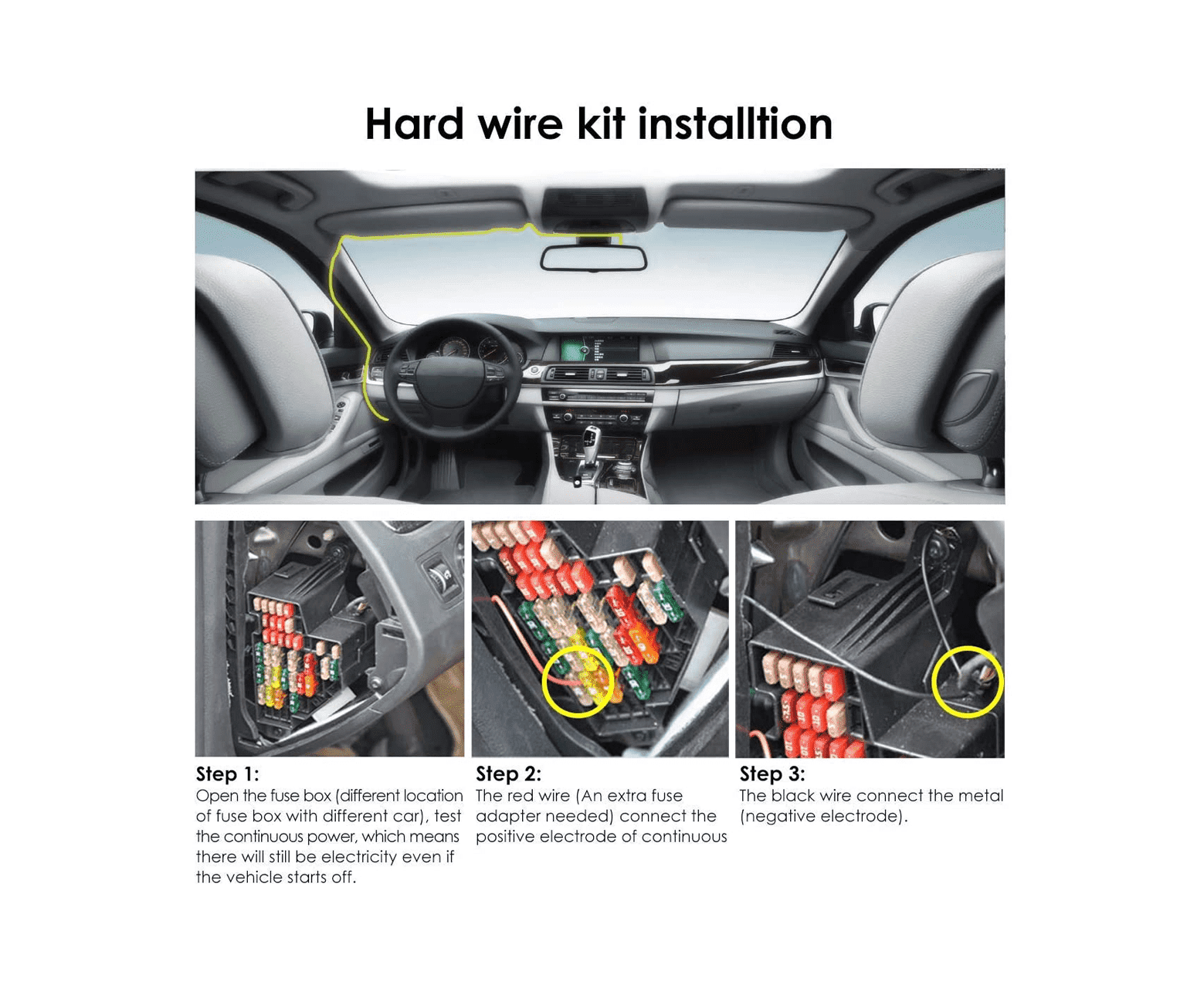 Vantrue Hardwire-Kit-Installation in einem Auto, Nahaufnahmen von Sicherungskasten und Kabelverbindungen.