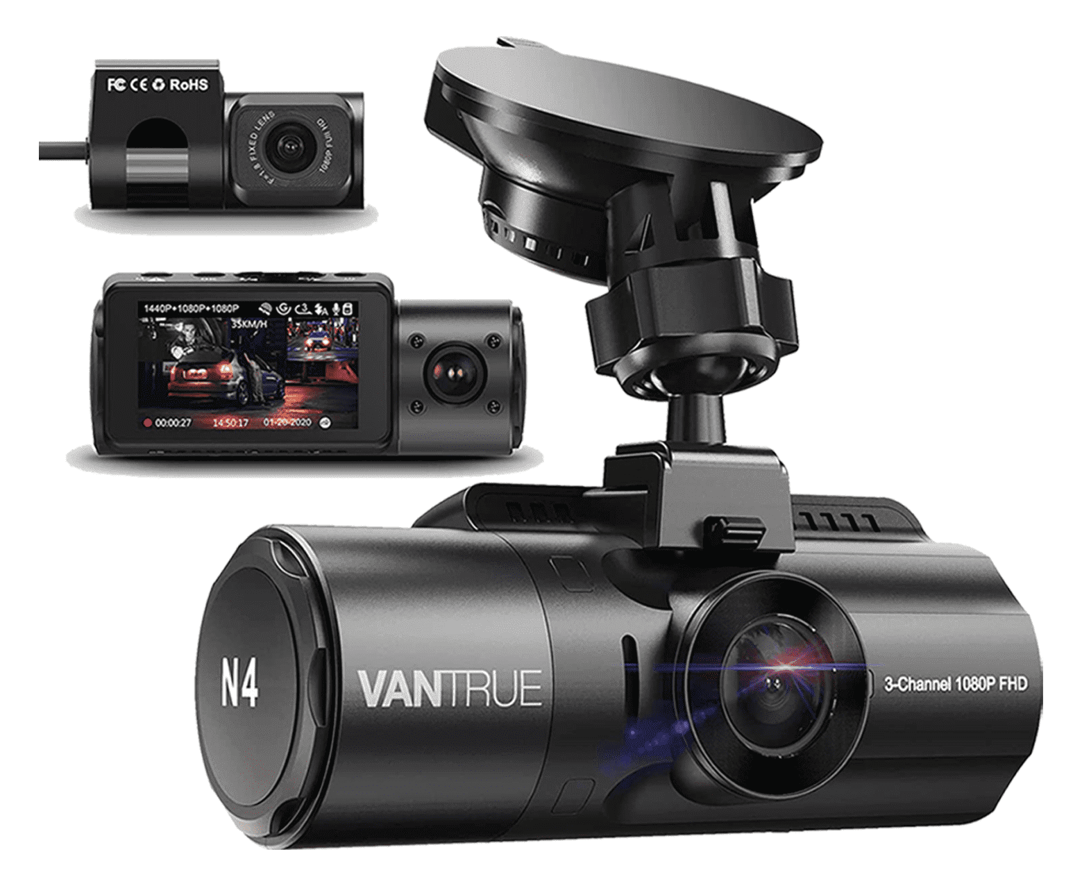 Vantrue N4 3 Channel 1440p Dashcam mit Front-, Innen- und Rückkamera, schwarz, auf weißem Hintergrund.