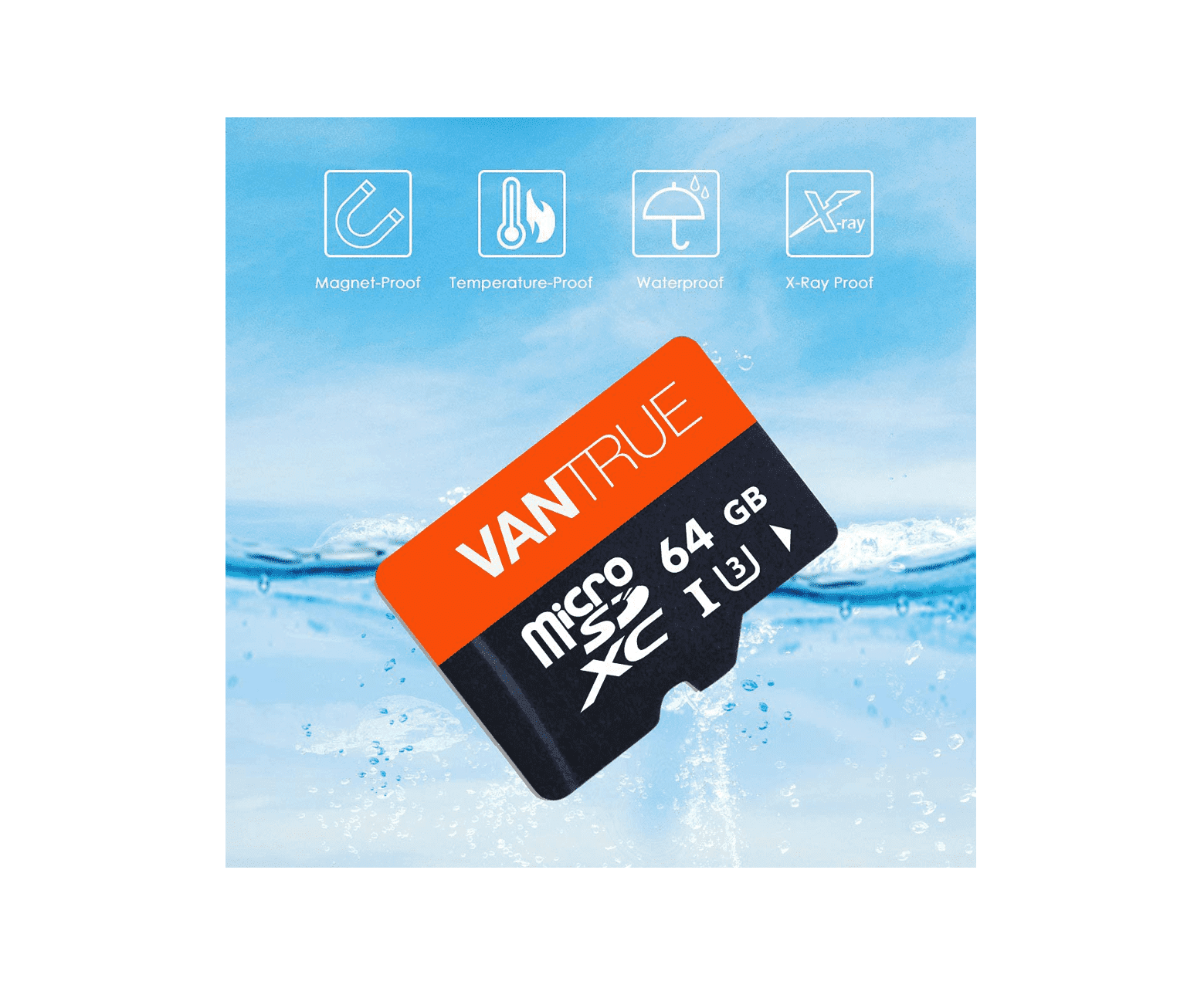 Vantrue 64GB MicroSD-Karte, wasser-, temperatur-, magnet- und röntgensicher, vor spritzendem Wasserhintergrund.