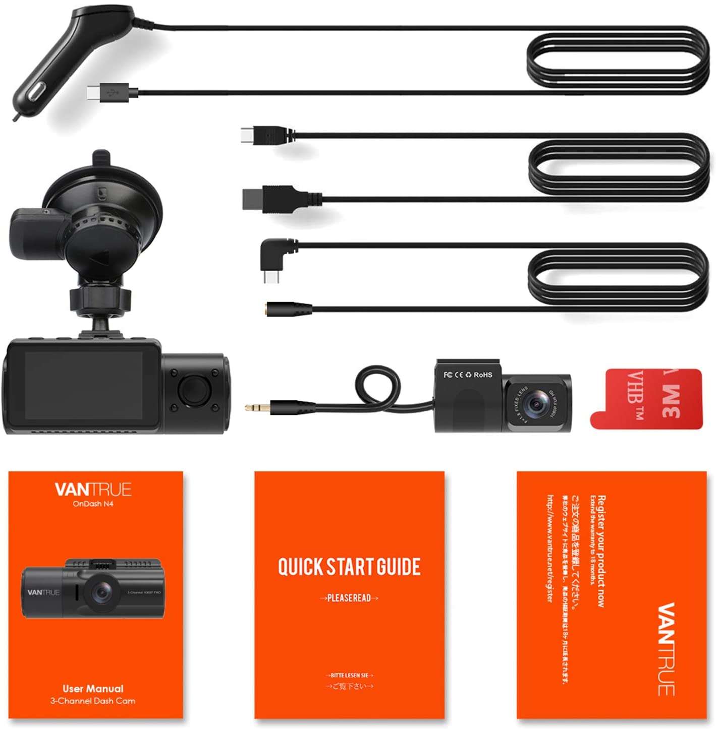 Vantrue N4 3 Kanal 1440p Araç Kamerası | mit GPS ve Donanım Seti - Paket