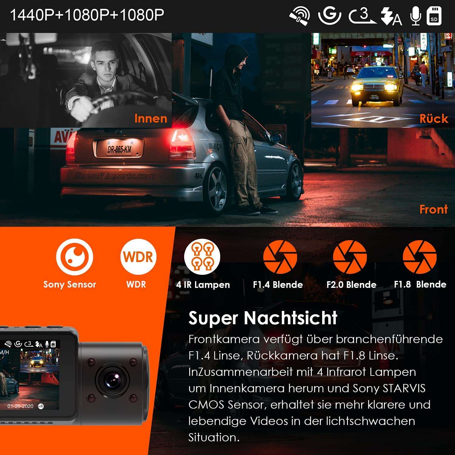 Vantrue N4 3 Channel 4K Dash Cam, 4K+1080P Front and Rear, 1440P+