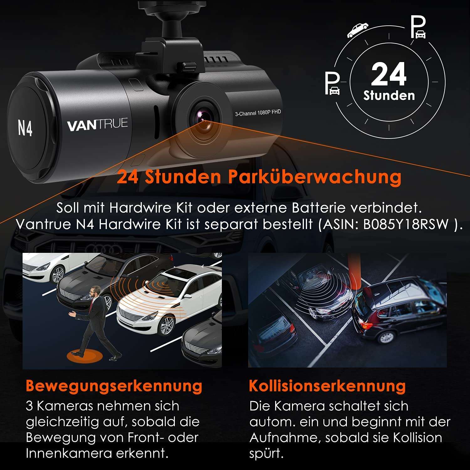 Caméra de tableau de bord de surveillance 24 heures sur 24 : DVR de voiture  de 25,4 cm avec enregistrement vidéo 1440P et deux caméras de recul 