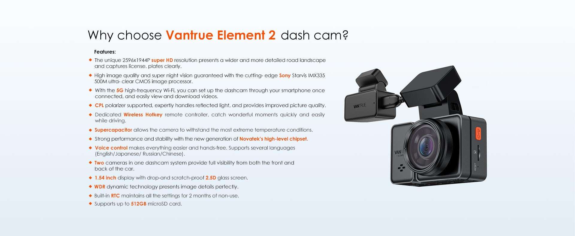 Vantrue Element 2 - Cámara de salpicadero dual E2 1944P con control por voz | Wi-Fi | GPS