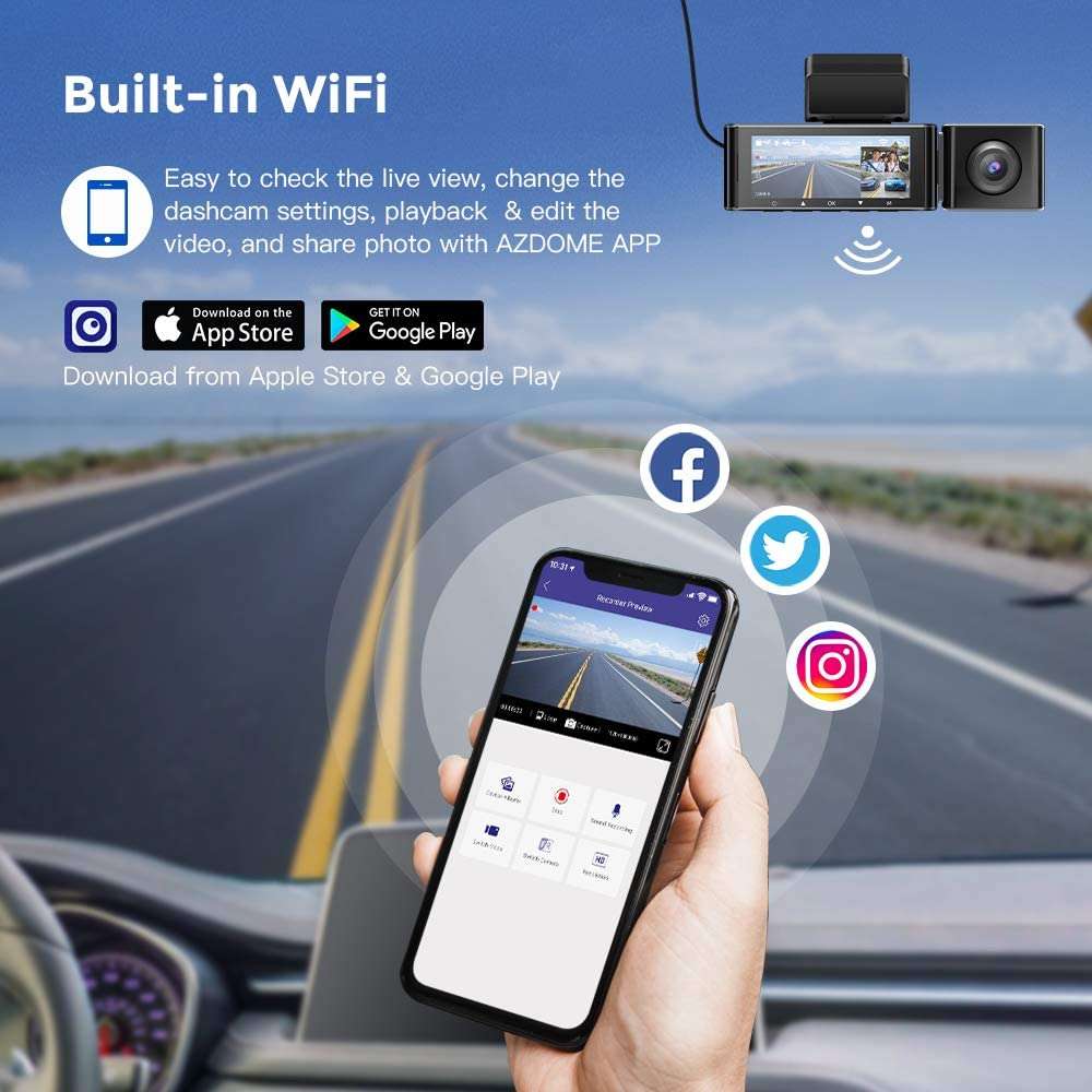 Dashcam AZDOME a 3 obiettivi 1440P + 1080P + 1080P Telecamera automatica con WiFi e GPS