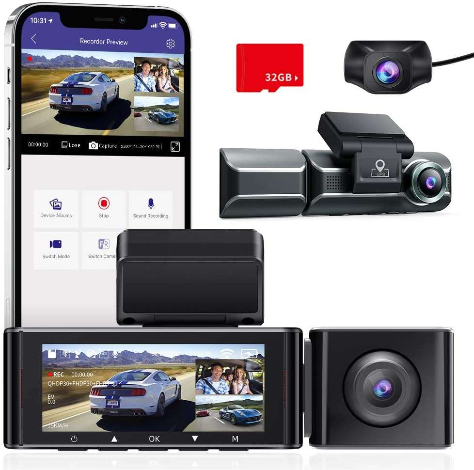 AZDOME 3 Lente Dashcam 1440P + 1080P + 1080P Cámara automática con WiFi y GPS
