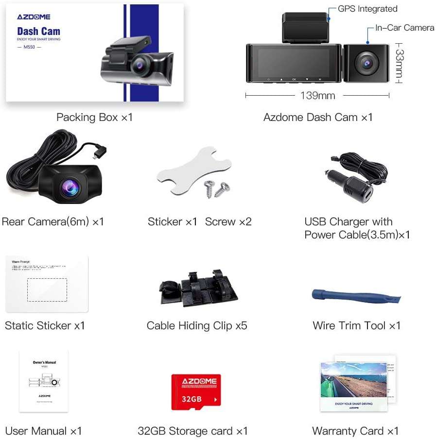 AZDOME 3 Lente Dashcam 1440P + 1080P + 1080P Cámara automática con WiFi y GPS