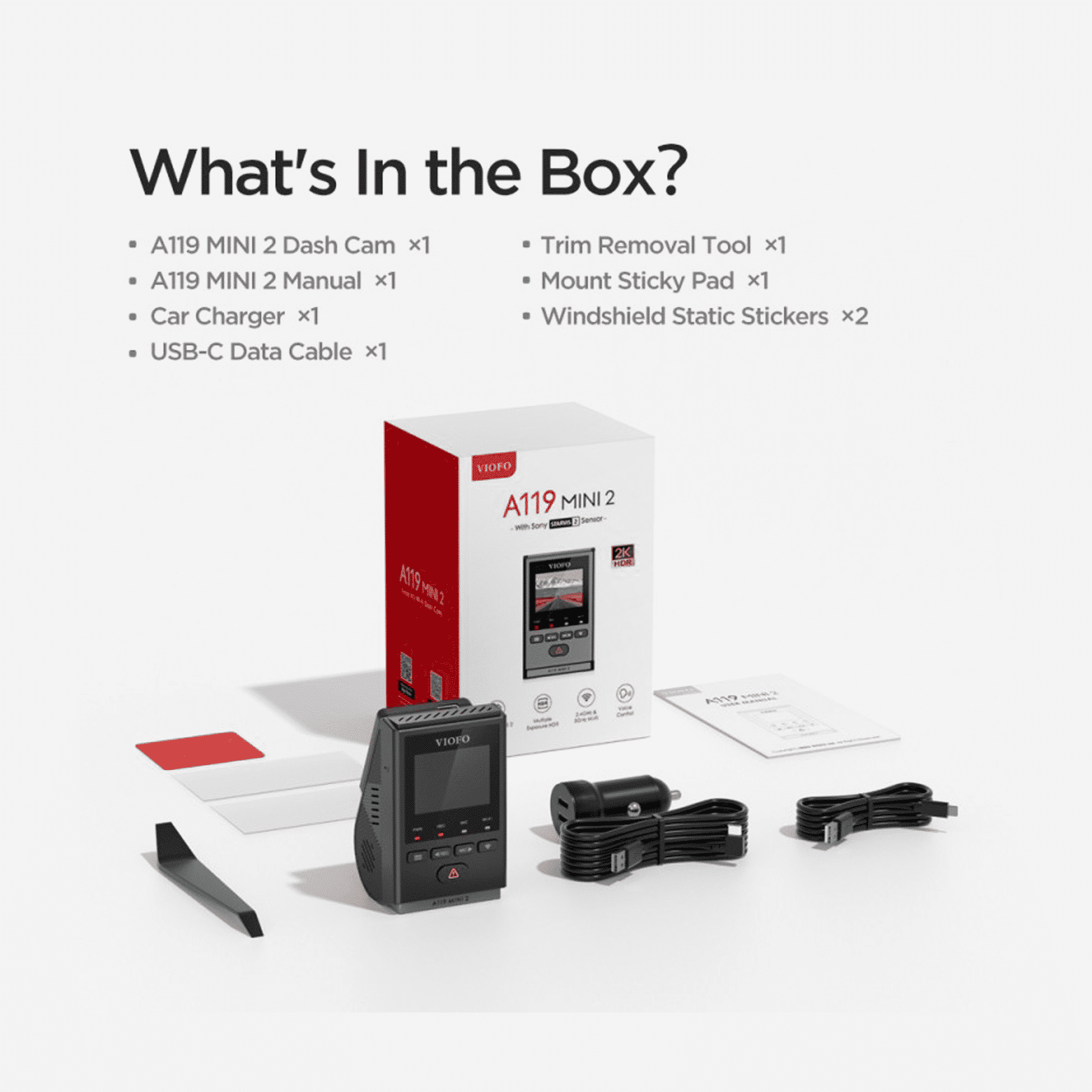 VIOFO A119 MINI 2 Dashcam Set mit Zubehör: Dashcam, Ladegerät, Kabel, Befestigungspad, Anleitungen und Entfernungswerkzeug.