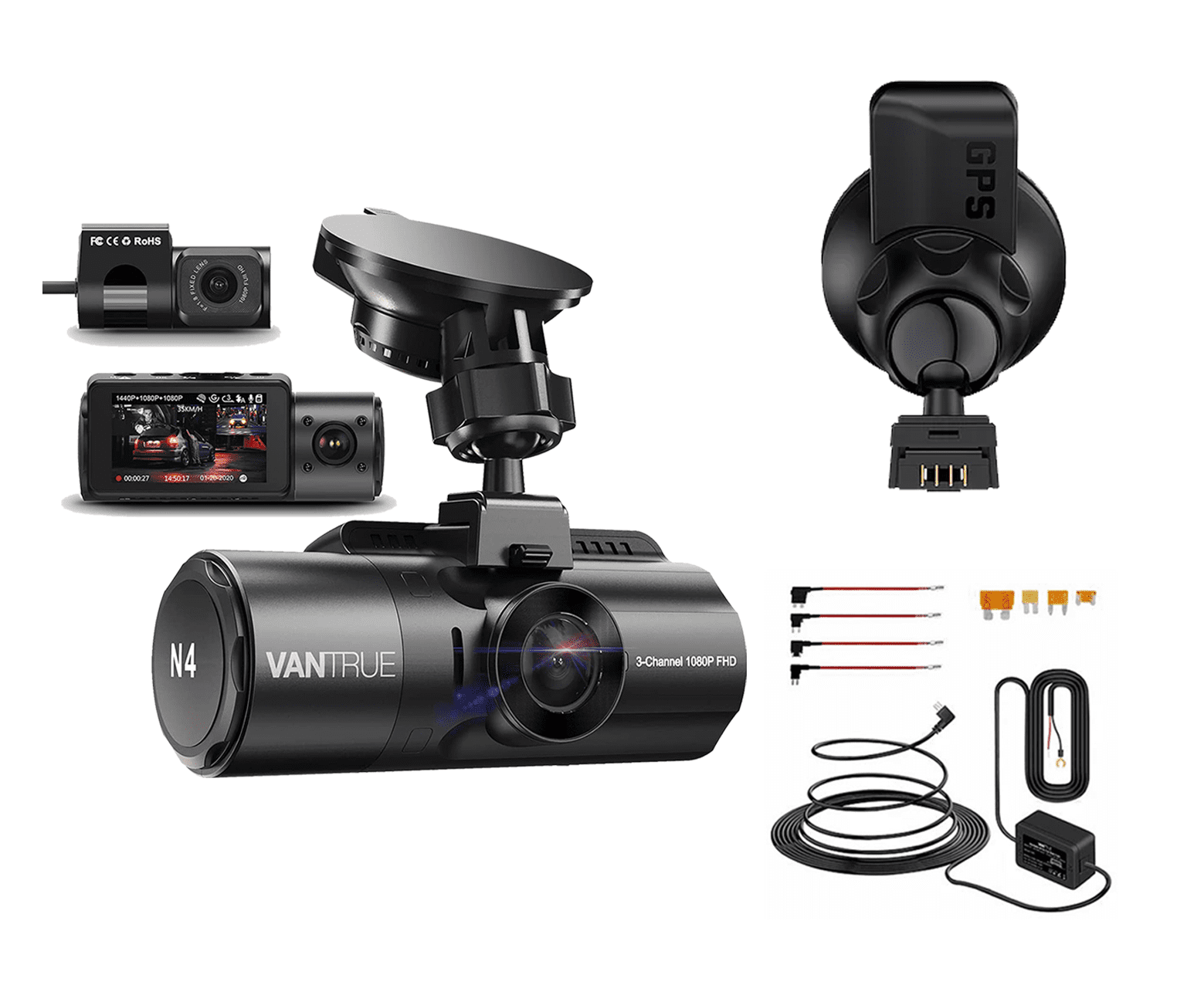 3-kanałowa kamera samochodowa Vantrue N4 1440p | z zestawem GPS i okablowaniem - pakiet