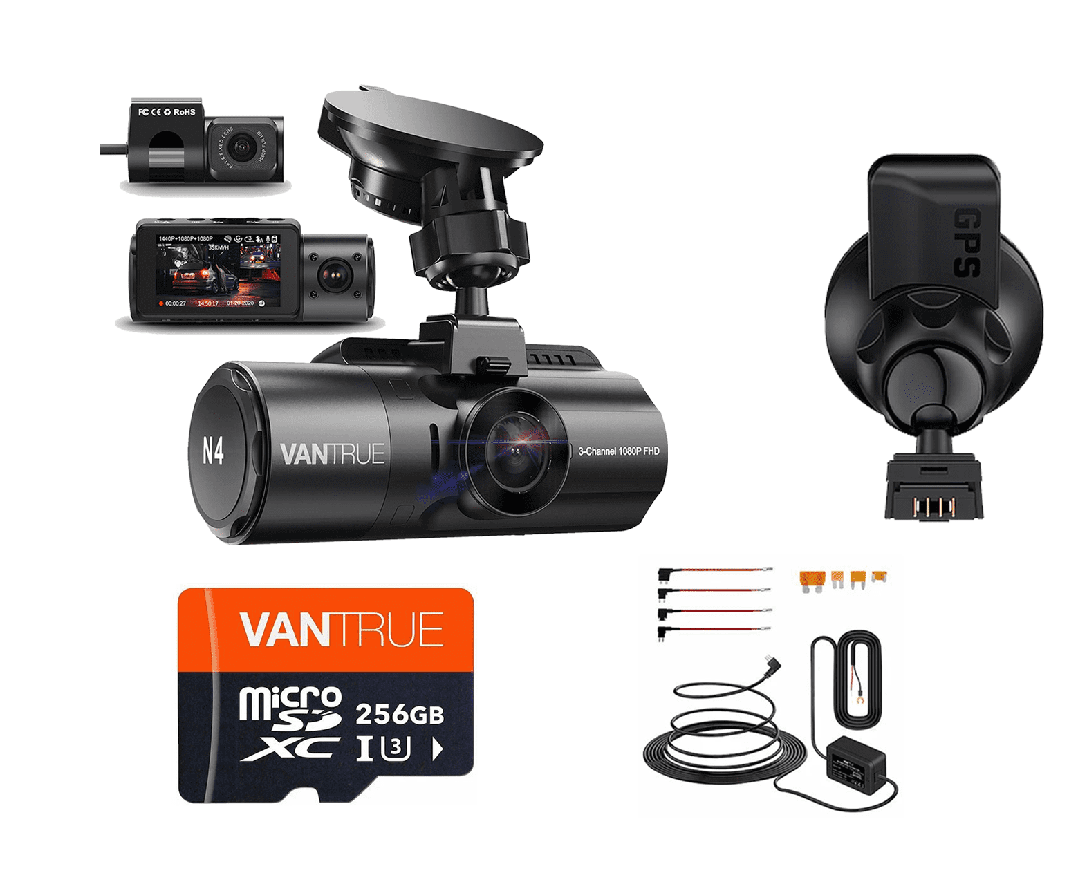 Vantrue N4 3 Channel 1440p Dashcam | with GPS &amp; Kit &amp; SD bundle 
