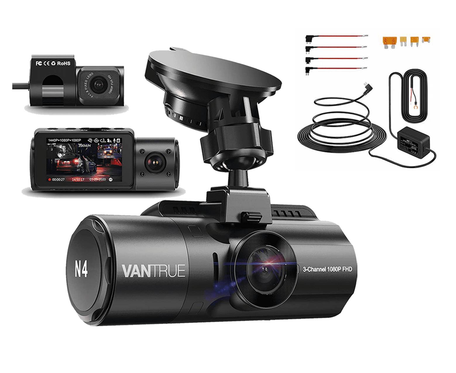 Caméra de tableau de bord Vantrue N4 à 3 canaux 1440p | avec kit de matériel